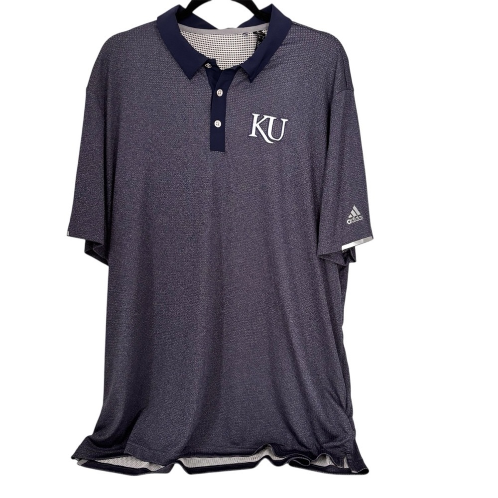Adidas Kansas Jayhawks KU Polo Shirt Men’s 2XL Heather Blue Short Sleeve Golf